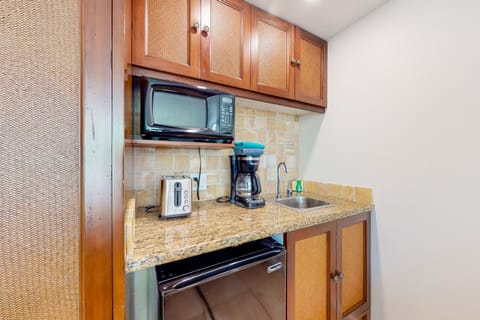 Mini-fridge, microwave, coffee/tea maker, cookware/dishes/utensils