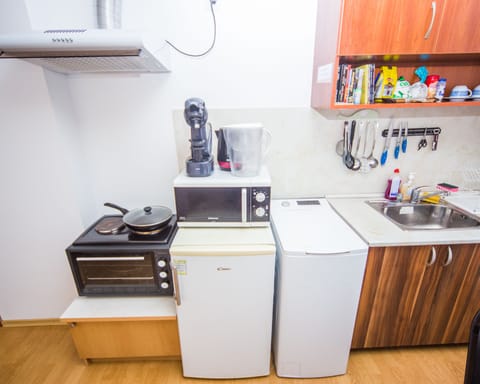 Fridge, microwave, oven, electric kettle