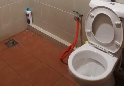 Combined shower/tub, free toiletries, hair dryer