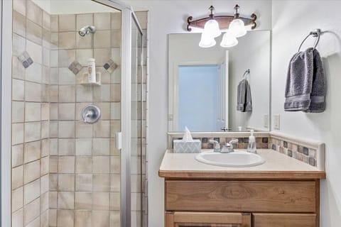 Combined shower/tub, hair dryer, towels