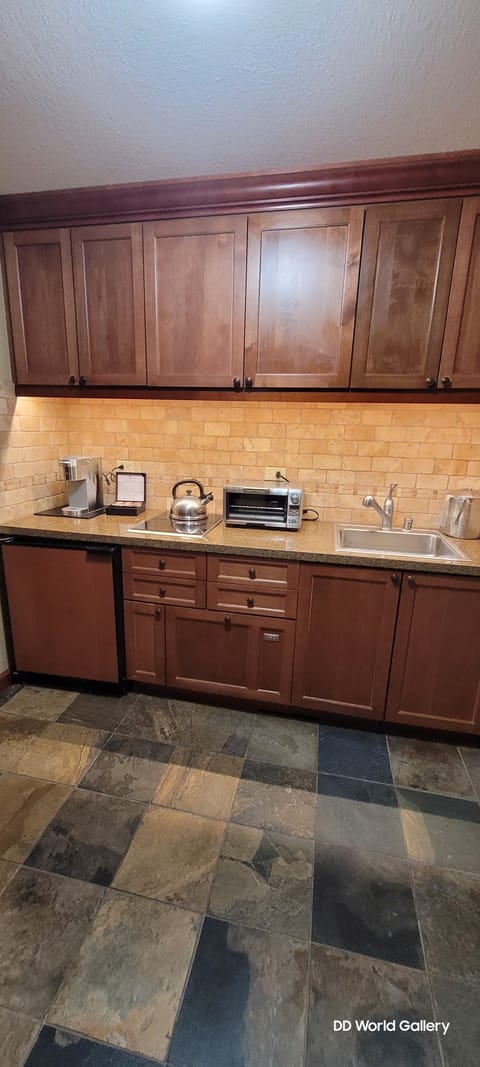 Trey's granite and slate kitchen with roomy refrigerator, microwave, dishwasher
