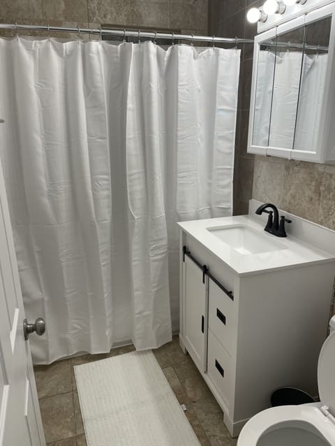 Combined shower/tub, hair dryer, towels, toilet paper