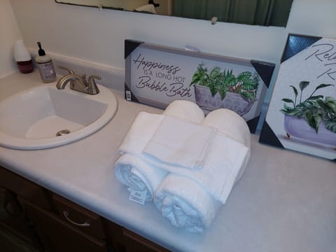 Combined shower/tub, towels, toilet paper