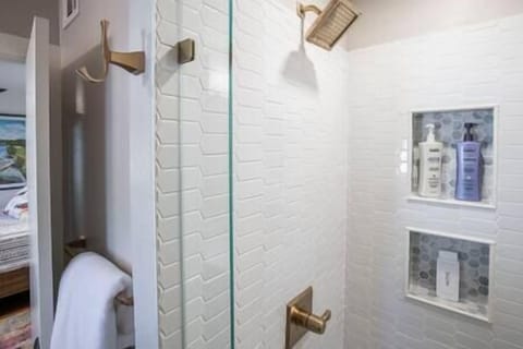 Combined shower/tub, hair dryer, towels