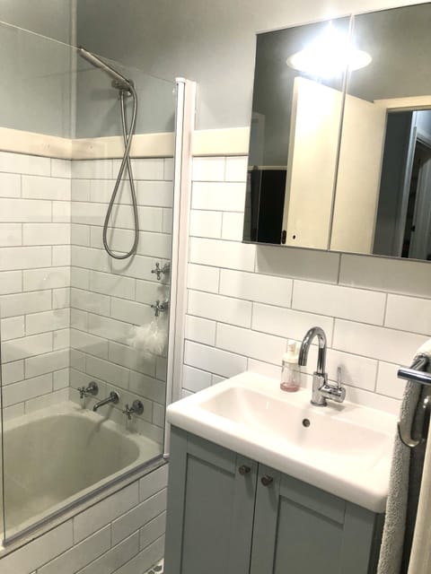 Combined shower/tub, hair dryer, towels, soap