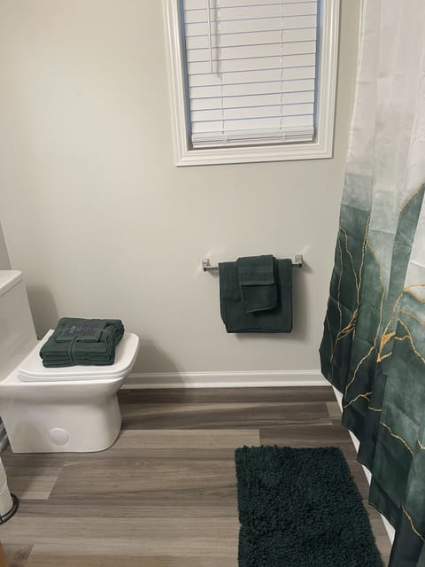 Combined shower/tub, hair dryer, towels, soap