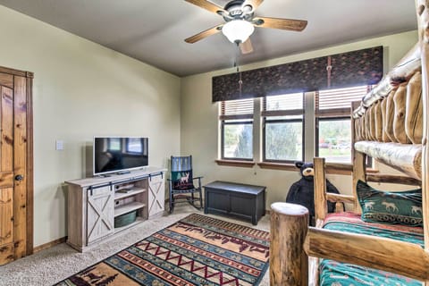 TV, fireplace, books