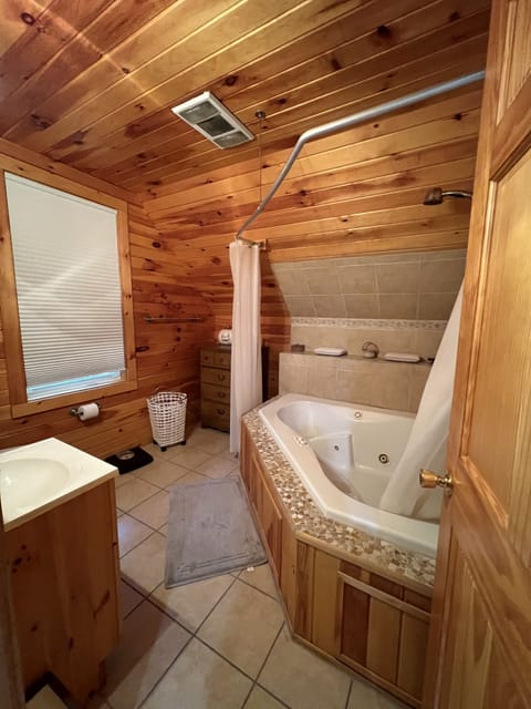 Combined shower/tub, hair dryer, towels, toilet paper