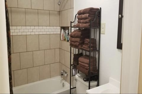 Combined shower/tub, towels, soap, shampoo