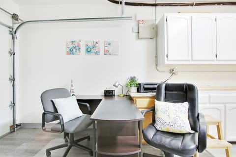 Work station/office in converted garage.