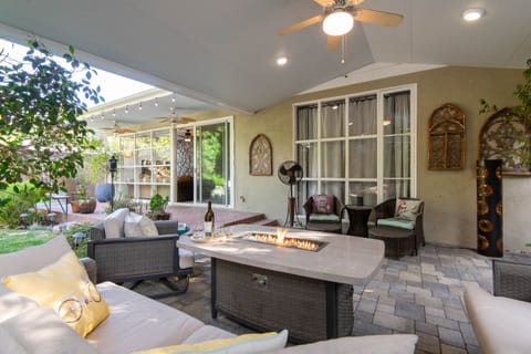 Outdoor living space looking toward back door