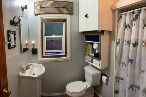 Recently updated bathroom with a small shower stall…remember, this is an almost 100 year old cabin! Disclosure...this is a panoramic photo...room is not curved! lol