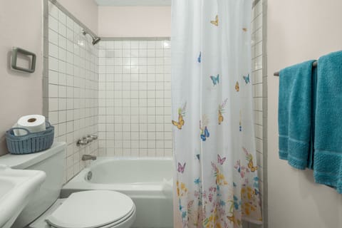 Combined shower/tub, hair dryer, towels, soap