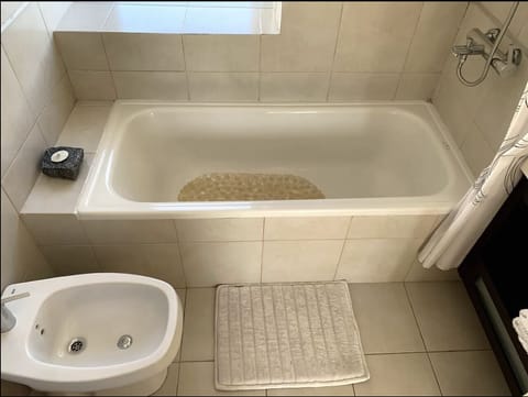 Bathtub, bidet, towels, soap