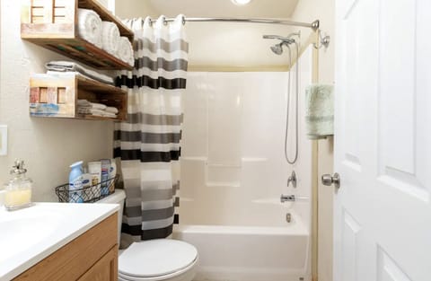 Combined shower/tub, hair dryer, towels, soap