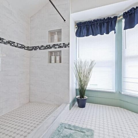 Combined shower/tub, hair dryer, towels, soap