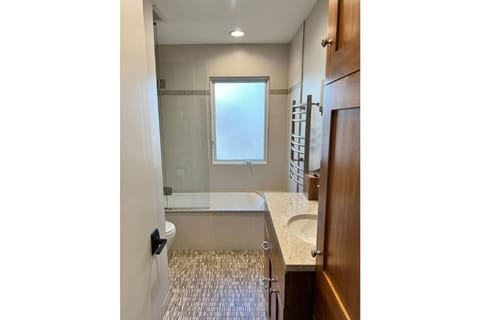 Combined shower/tub, hair dryer, towels, soap