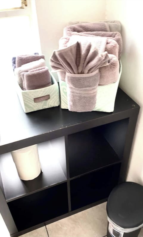 A Full Restroom with a hair dryer, shampoo, body wash, towels, toilet paper and conditioner