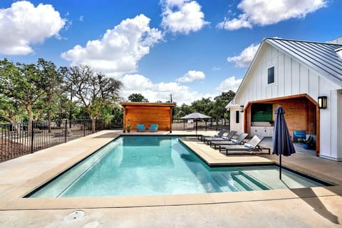 Perfect for gathering, our beautiful pool and fireplace pavilion!