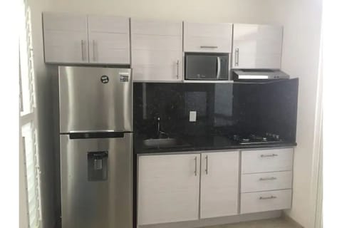 Fridge, microwave, stovetop, coffee/tea maker