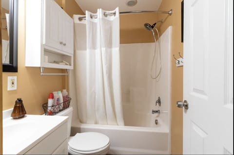 Combined shower/tub, hair dryer, towels, soap