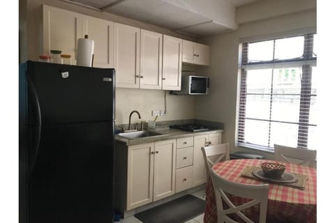 Fridge, microwave, dishwasher, cookware/dishes/utensils