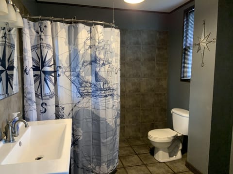 Combined shower/tub, hair dryer, towels, soap