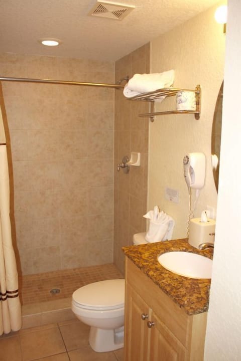 Combined shower/tub, hair dryer, towels