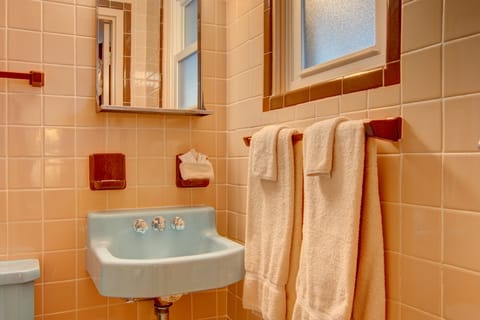 Combined shower/tub, hair dryer, towels, soap