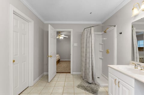 Shower, jetted tub, hair dryer, towels