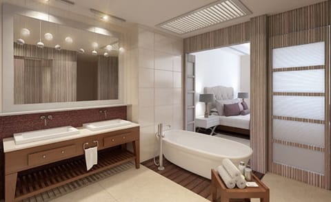 Bathtub, jetted tub, hair dryer, towels