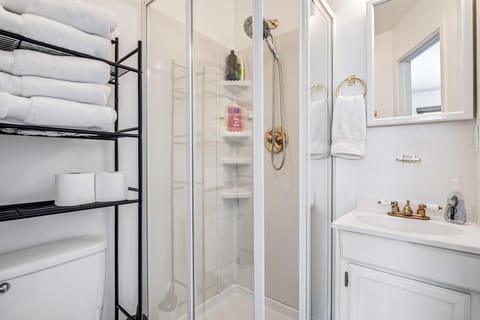 Combined shower/tub, hair dryer, towels, soap