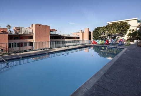 A heated pool, sun loungers