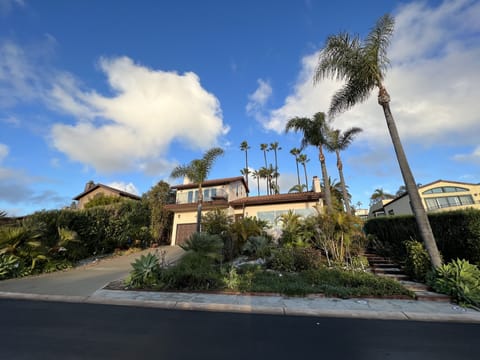 Front of house from street. Lots of fruit trees and palms among paved pathways. 