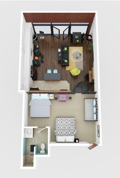 3D image of the loft. There is a queen bed, full size bed, and 2 twin beds in the loft as well as a full size bathroom with a shower.