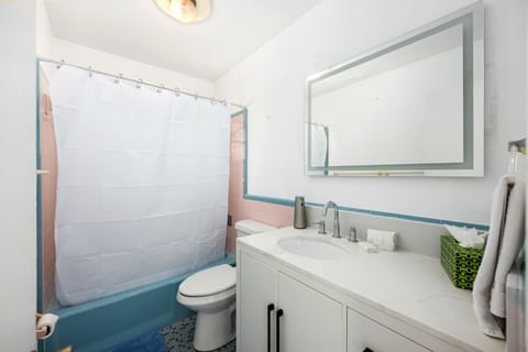 Combined shower/tub, hair dryer, towels, soap