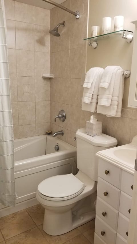 Bathtub, jetted tub, hair dryer, towels