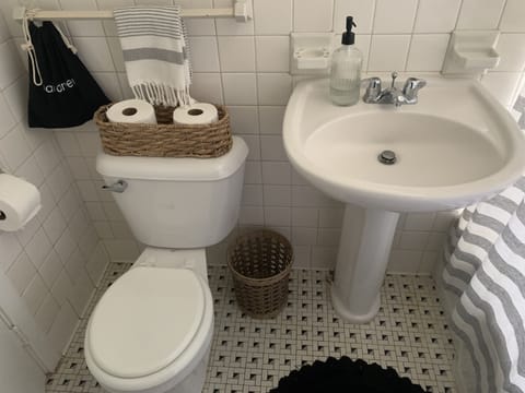 Combined shower/tub, hair dryer, towels, soap