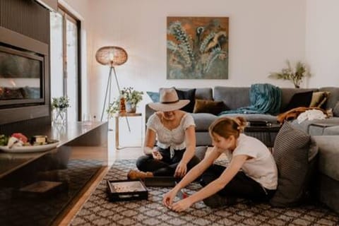 Smart TV, fireplace, books