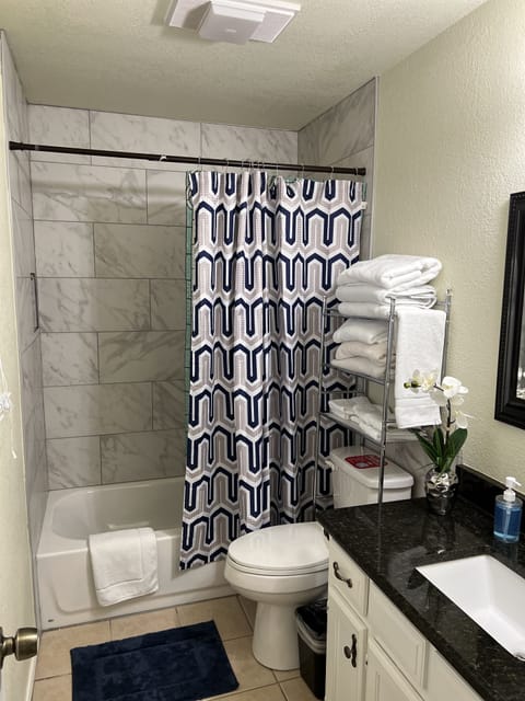 Combined shower/tub, hair dryer, towels, soap