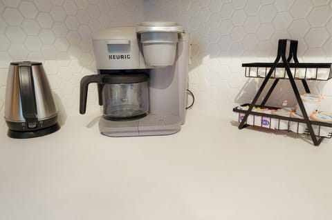 Fully stocked coffee station.