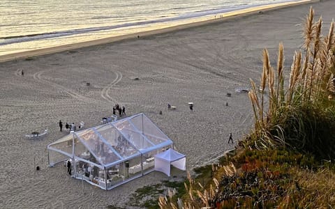 On the beach, sun loungers, beach towels