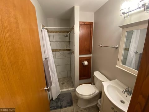 Combined shower/tub, hair dryer, towels, soap