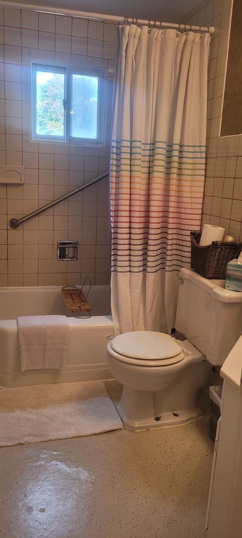 Bathtub, hair dryer, towels, soap