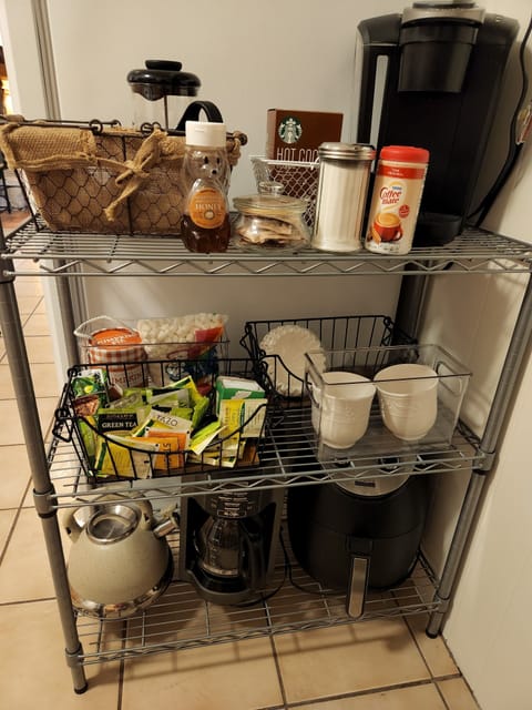 Coffee cart includes Keurig, drip coffee maker, French press