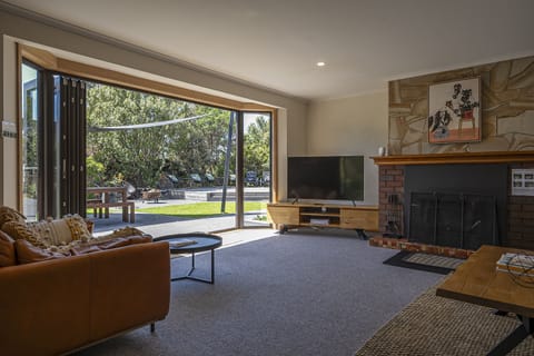 Smart TV, fireplace, books