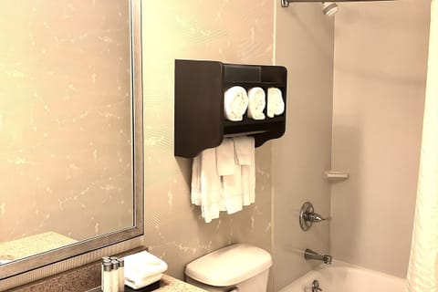 Combined shower/tub, hair dryer, towels