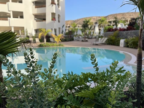 A heated pool, sun loungers