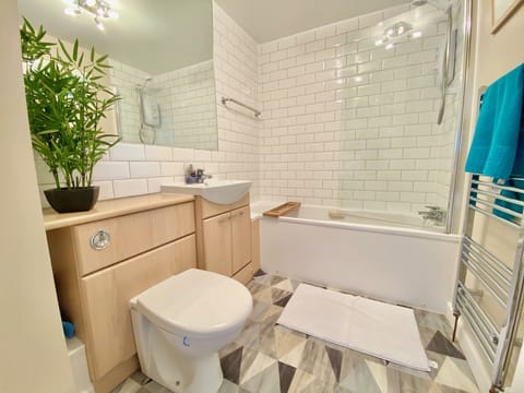 Combined shower/tub, hair dryer, towels