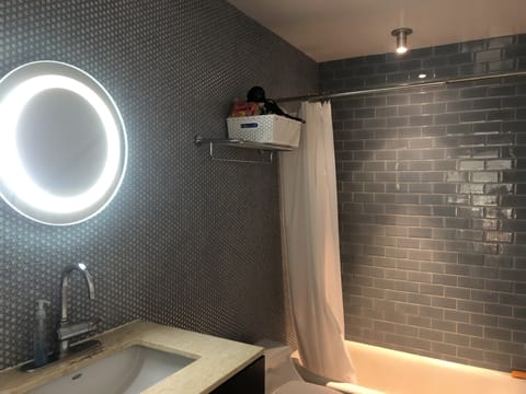 Aqua blue style Bathroom with Tub and Strong Water Pressure